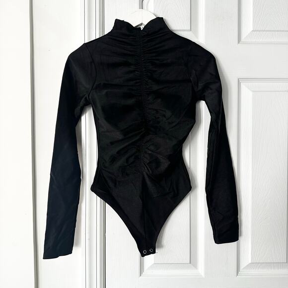 Good American Black Sheen Luster Mock Neck Ruched Front Bodysuit 1 Small GB0436 - Picture 1 of 8